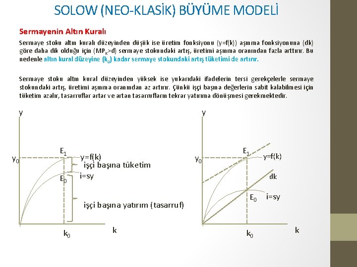 SOLOW (NEO-KLASİK) BÜYÜME MODELİ Sermayenin Altın Kuralı Sermaye stoku altın kuralı düzeyinden düşük ise