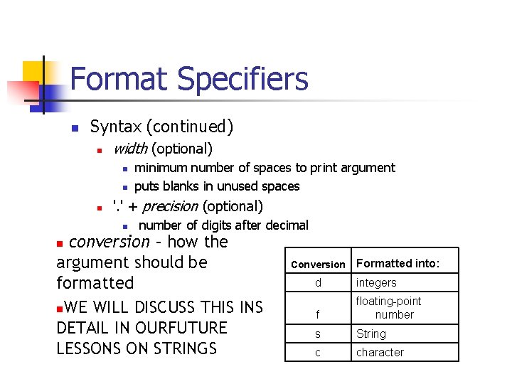 Format Specifiers n Syntax (continued) n width (optional) n n n minimum number of