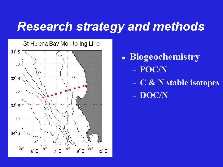 Research strategy and methods Biogeochemistry POC/N C & N stable isotopes DOC/N 