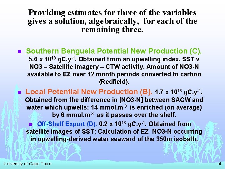 Providing estimates for three of the variables gives a solution, algebraically, for each of