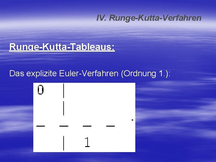 IV. Runge-Kutta-Verfahren Runge-Kutta-Tableaus: Das explizite Euler-Verfahren (Ordnung 1. ): 