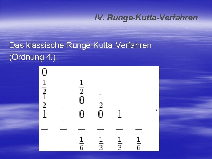 IV. Runge-Kutta-Verfahren Das klassische Runge-Kutta-Verfahren (Ordnung 4. ): 