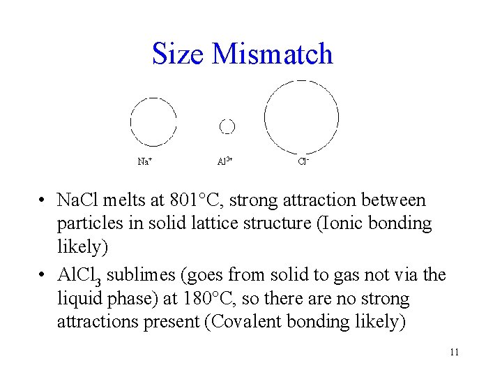 Size Mismatch • Na. Cl melts at 801°C, strong attraction between particles in solid