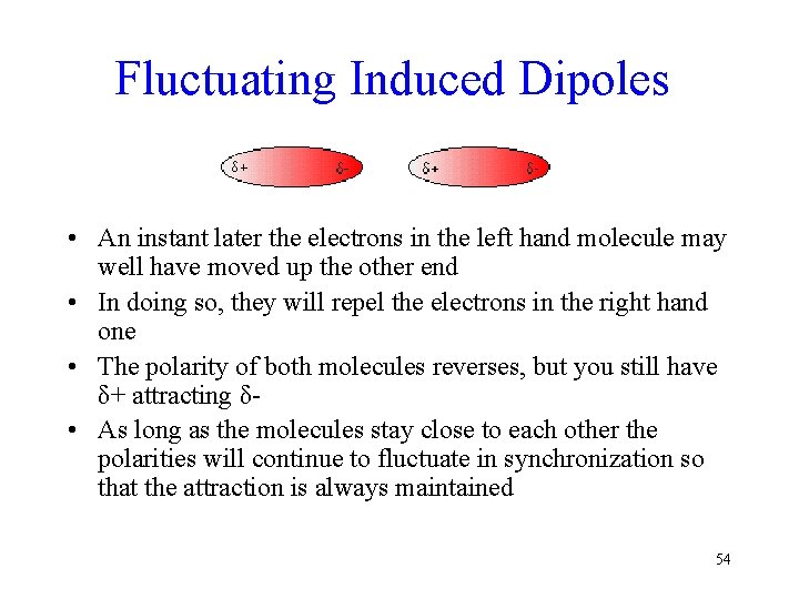 Fluctuating Induced Dipoles • An instant later the electrons in the left hand molecule