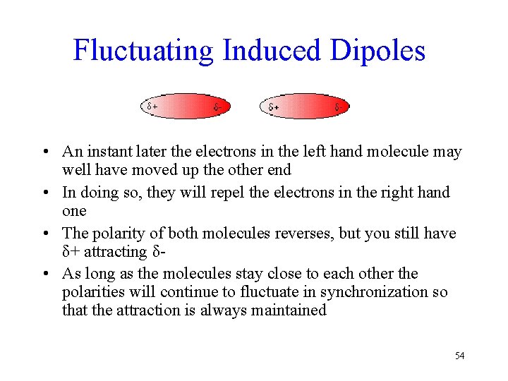 Fluctuating Induced Dipoles • An instant later the electrons in the left hand molecule