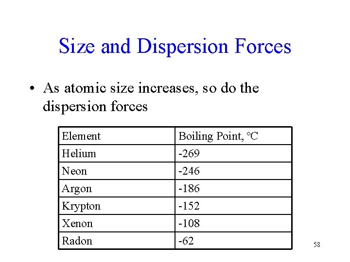 Size and Dispersion Forces • As atomic size increases, so do the dispersion forces