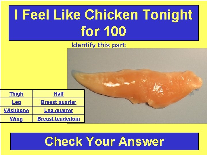 I Feel Like Chicken Tonight for 100 Identify this part: Thigh Half Leg Breast