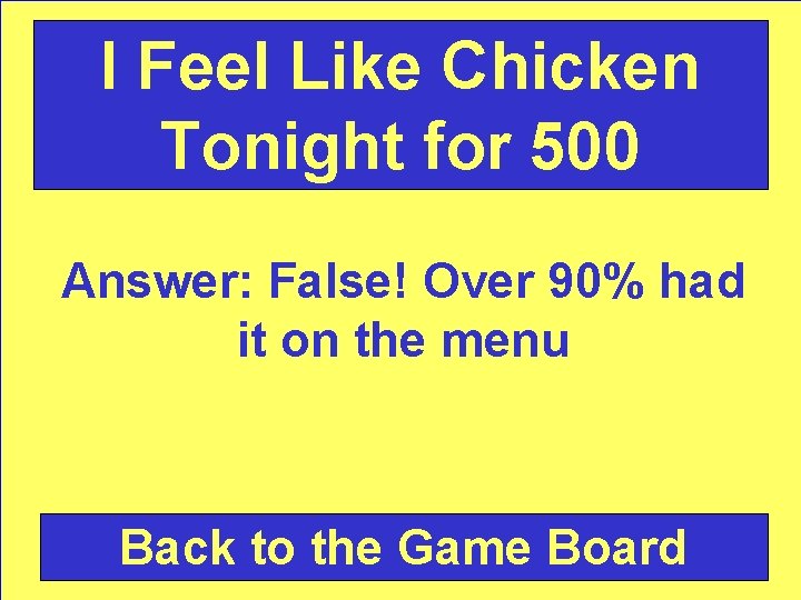 I Feel Like Chicken Tonight for 500 Answer: False! Over 90% had it on