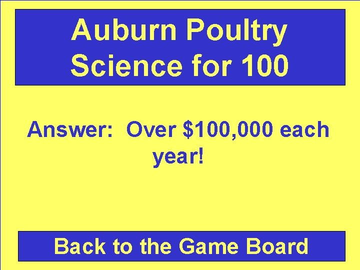 Auburn Poultry Science for 100 Answer: Over $100, 000 each year! Back to the
