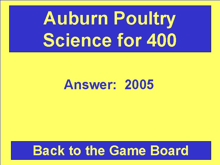 Auburn Poultry Science for 400 Answer: 2005 Back to the Game Board 