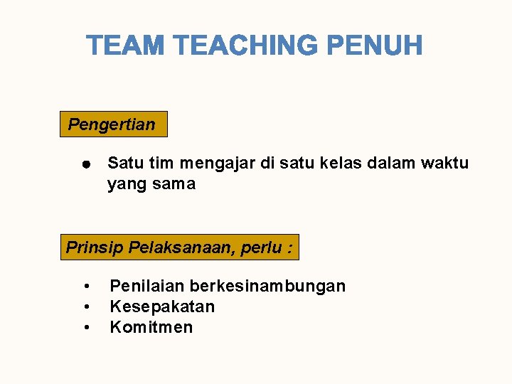 Pengertian l Satu tim mengajar di satu kelas dalam waktu yang sama Prinsip Pelaksanaan,