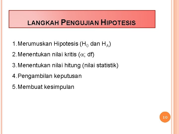 LANGKAH PENGUJIAN HIPOTESIS 1. Merumuskan Hipotesis (H 0 dan HA) 2. Menentukan nilai kritis