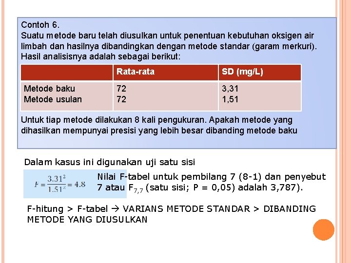 Contoh 6. Suatu metode baru telah diusulkan untuk penentuan kebutuhan oksigen air limbah dan