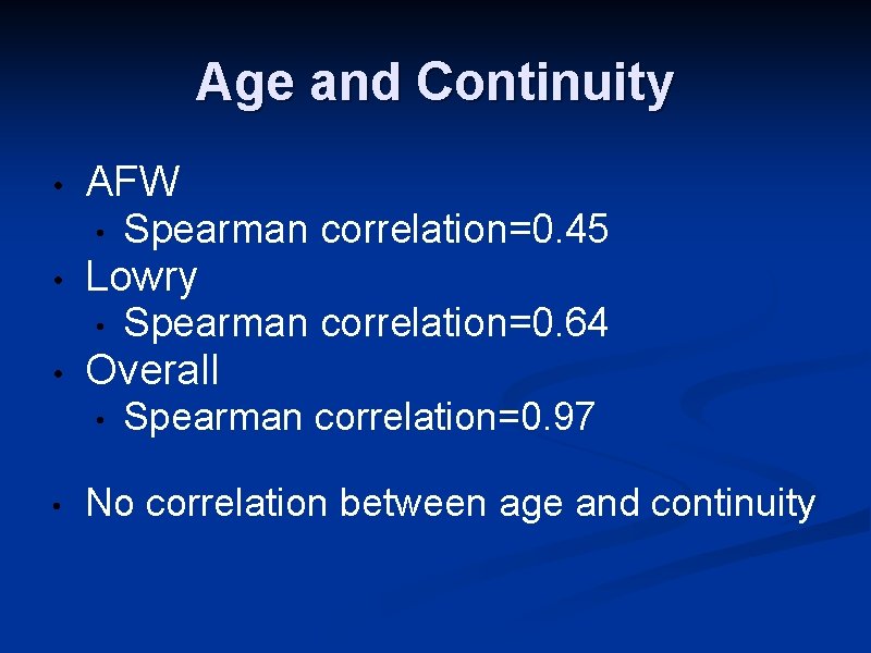 Age and Continuity • AFW • • Lowry • • Spearman correlation=0. 64 Overall