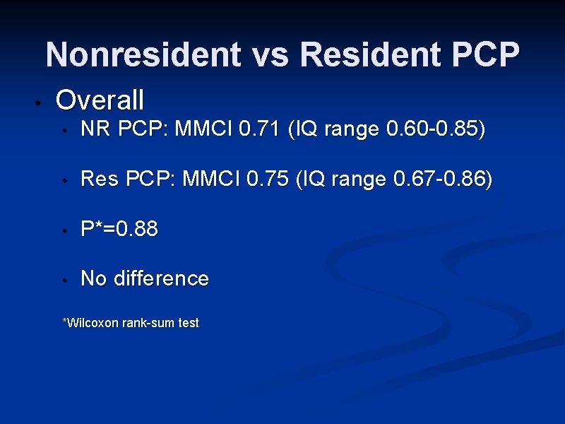 Nonresident vs Resident PCP • Overall • NR PCP: MMCI 0. 71 (IQ range