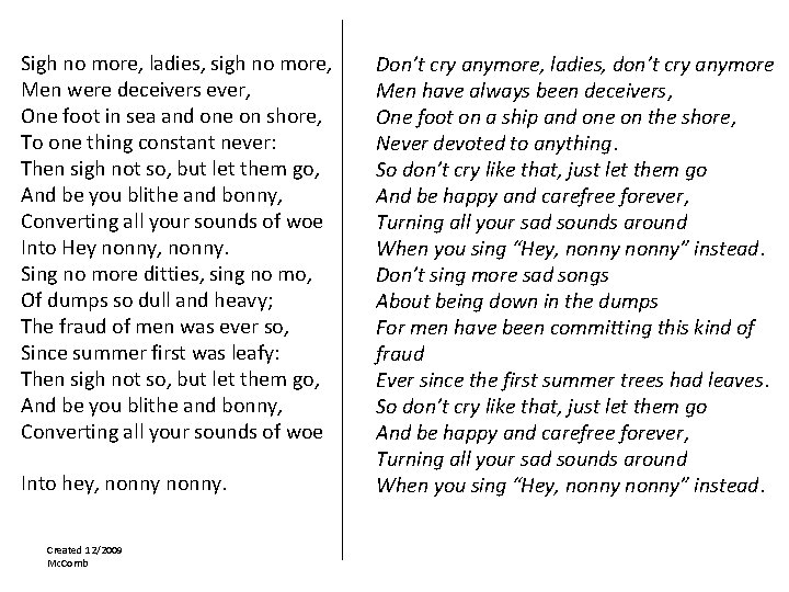 Sigh no more, ladies, sigh no more, Men were deceivers ever, One foot in