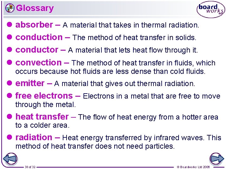 Glossary l absorber – A material that takes in thermal radiation. l conduction –