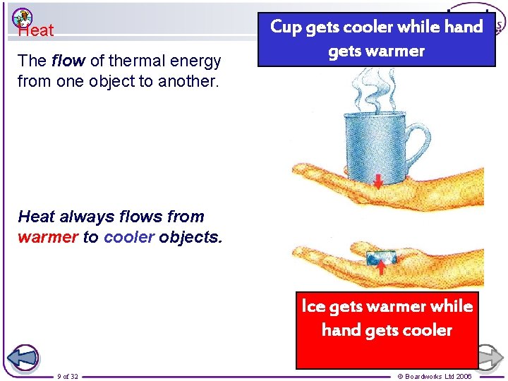 Heat The flow of thermal energy from one object to another. Cup gets cooler