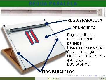 RÉGUA PARALELA PRANCHETA Régua deslizante; Presa por fios de paralelos; Régua sem graduação; Serve