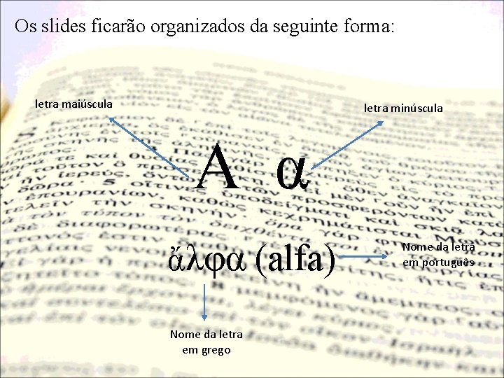 Os slides ficarão organizados da seguinte forma: letra maiúscula letra minúscula Α α ἄλφα