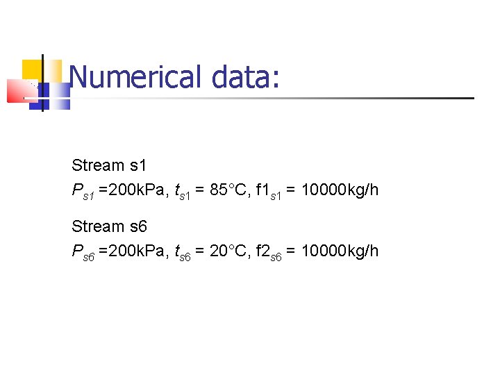 Numerical data: Stream s 1 Ps 1 =200 k. Pa, ts 1 = 85°C,