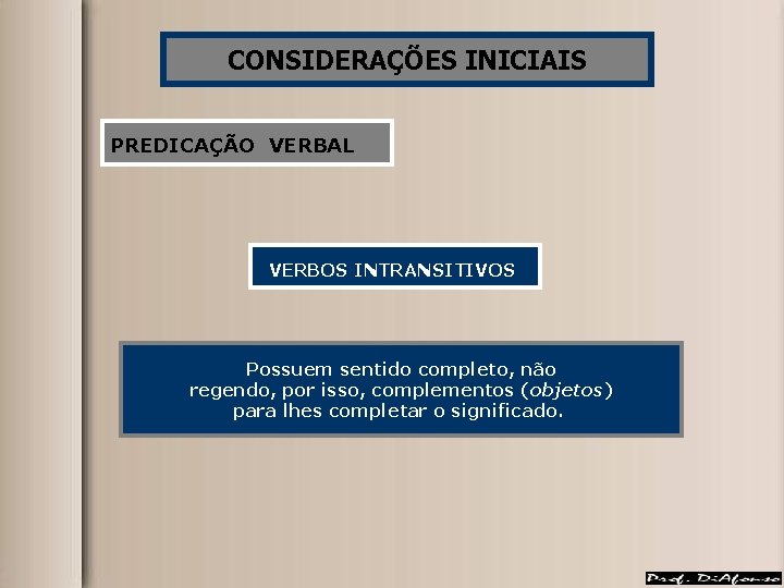 CONSIDERAÇÕES INICIAIS PREDICAÇÃO VERBAL VERBOS INTRANSITIVOS Possuem sentido completo, não regendo, por isso, complementos