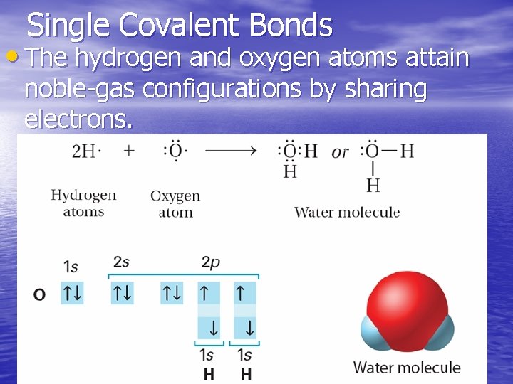 Single Covalent Bonds • The hydrogen and oxygen atoms attain noble-gas configurations by sharing