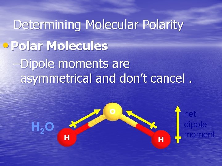 Determining Molecular Polarity • Polar Molecules –Dipole moments are asymmetrical and don’t cancel. O