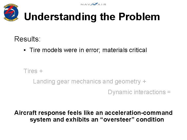 Understanding the Problem Results: • Tire models were in error; materials critical Tires +