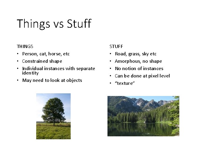 Things vs Stuff THINGS • Person, cat, horse, etc • Constrained shape • Individual