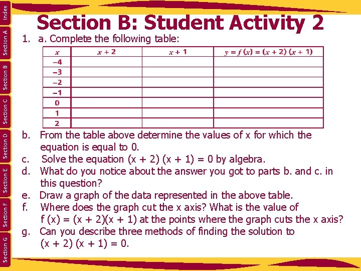 1. a. Complete the following table: Index Section G Section F Section E Section