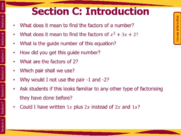 Section G Section F Section E Section D Section C Section A Lesson interaction