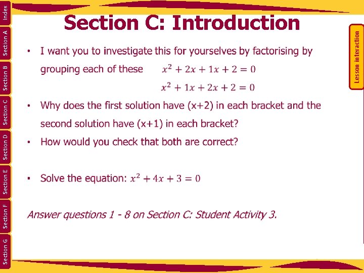 Section G Section F Section E Section D Section C Section A Lesson interaction