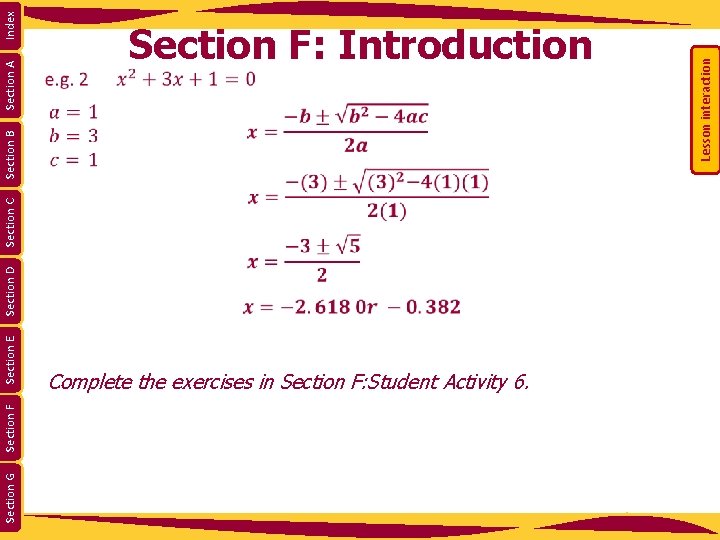 Section G Section F Section E Section D Section A Complete the exercises in