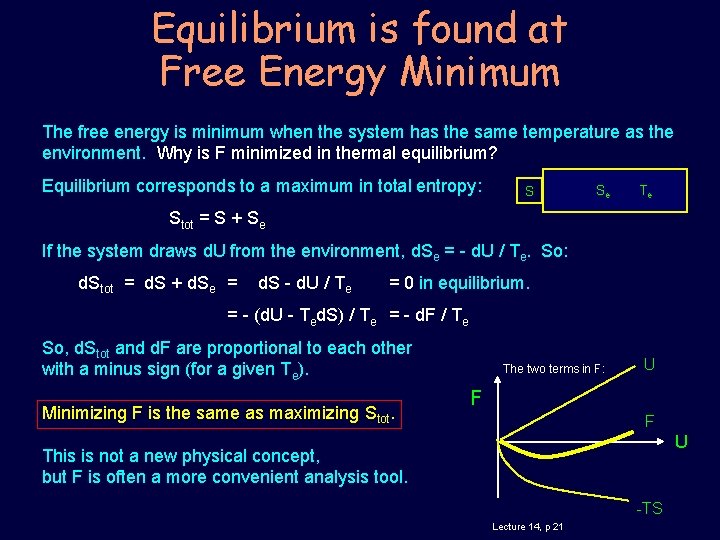 Equilibrium is found at Free Energy Minimum The free energy is minimum when the