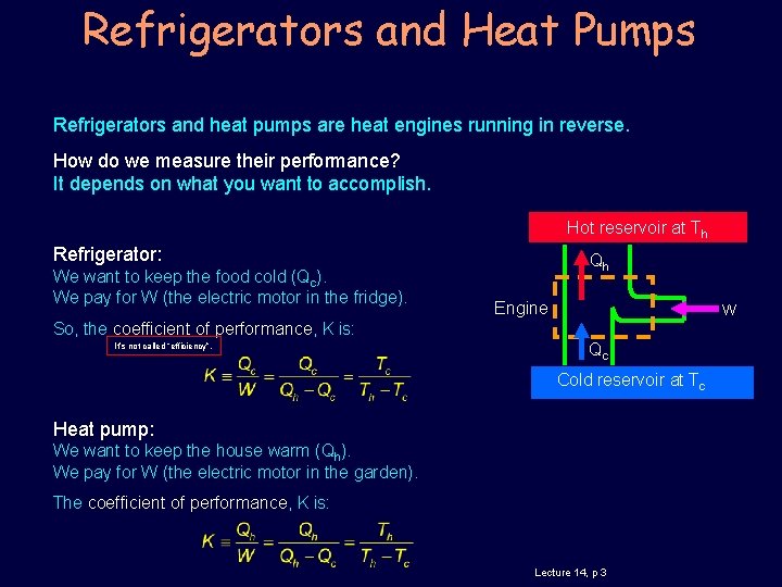 Refrigerators and Heat Pumps Refrigerators and heat pumps are heat engines running in reverse.