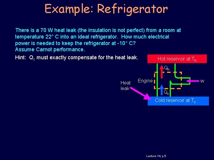 Example: Refrigerator There is a 70 W heat leak (the insulation is not perfect)