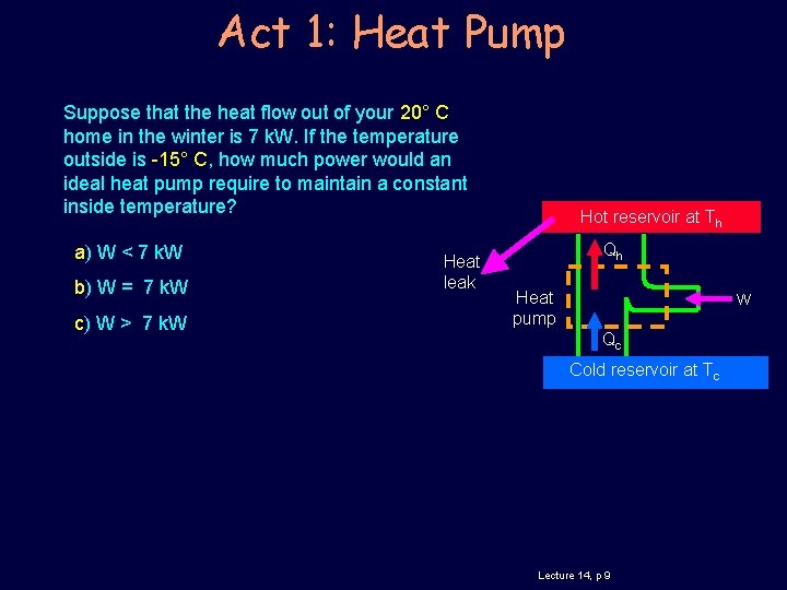 Act 1: Heat Pump Suppose that the heat flow out of your 20° C