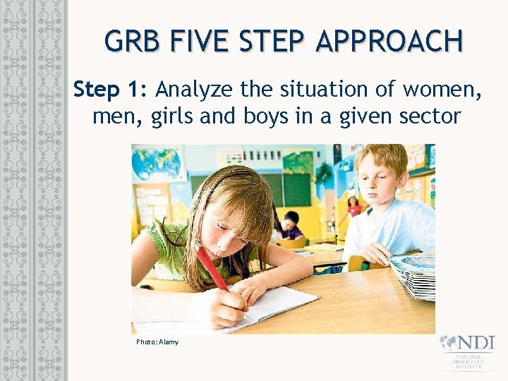 GRB FIVE STEP APPROACH Step 1: Analyze the situation of women, girls and boys