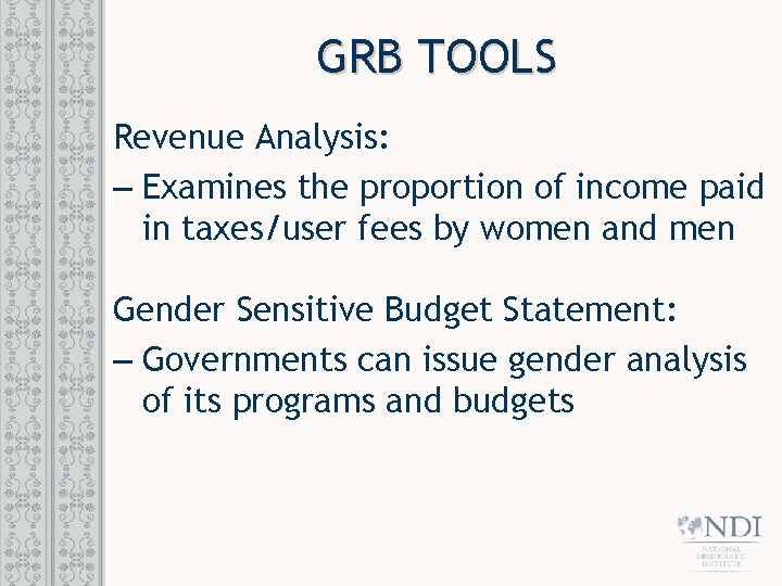 GRB TOOLS Revenue Analysis: – Examines the proportion of income paid in taxes/user fees