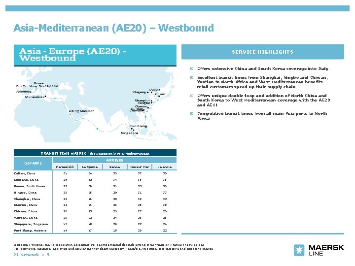 Asia-Mediterranean (AE 20) – Westbound SERVICE HIGHLIGHTS y Offers extensive China and South Korea
