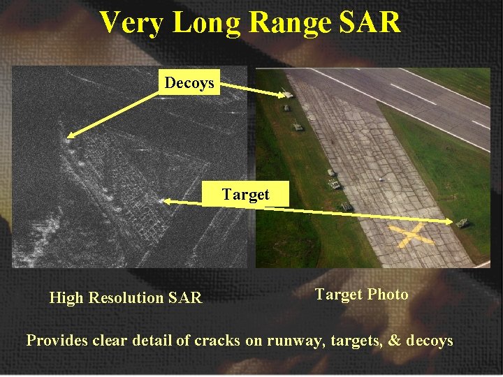 Very Long Range SAR Decoys Target High Resolution SAR Target Photo Provides clear detail