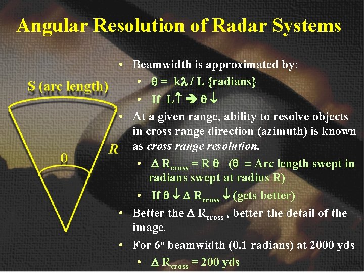 Angular Resolution of Radar Systems • Beamwidth is approximated by: • q = kl