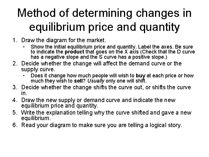 Method of determining changes in equilibrium price and quantity 1. Draw the diagram for