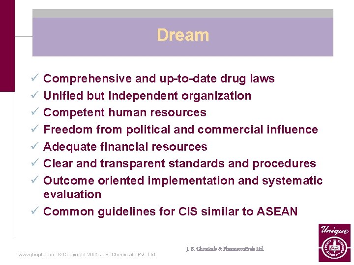 Dream ü ü ü ü Comprehensive and up-to-date drug laws Unified but independent organization