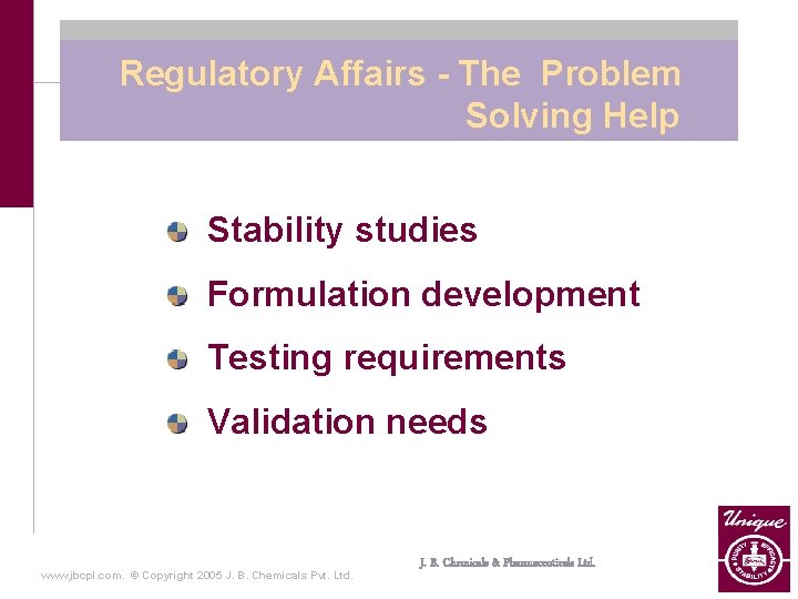  Regulatory Affairs - The Problem Solving Help Stability studies Formulation development Testing requirements