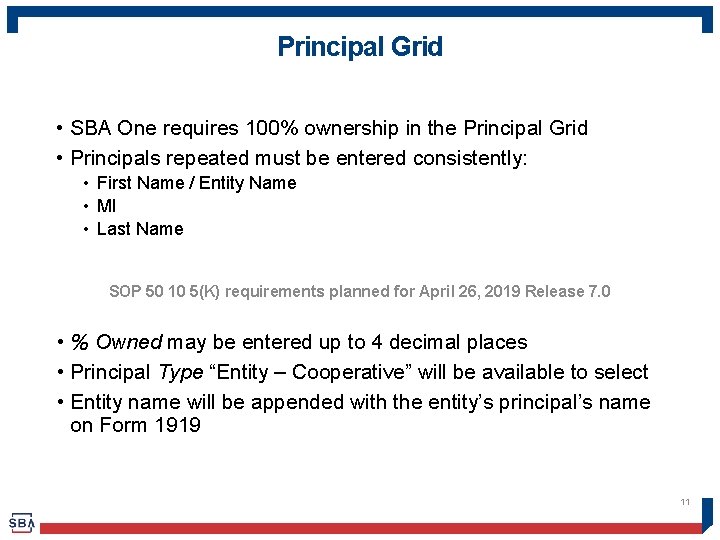 Principal Grid • SBA One requires 100% ownership in the Principal Grid • Principals