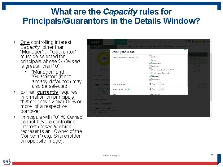 What are the Capacity rules for Principals/Guarantors in the Details Window? • • •