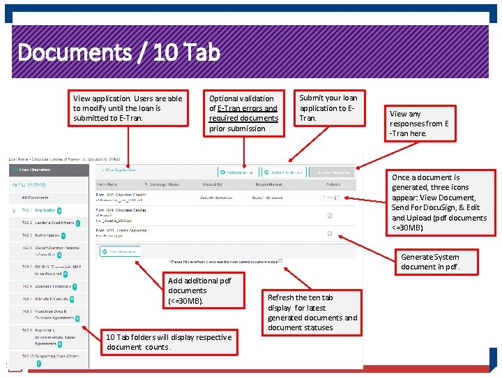 Documents / 10 Tab View application. Users are able to modify until the loan