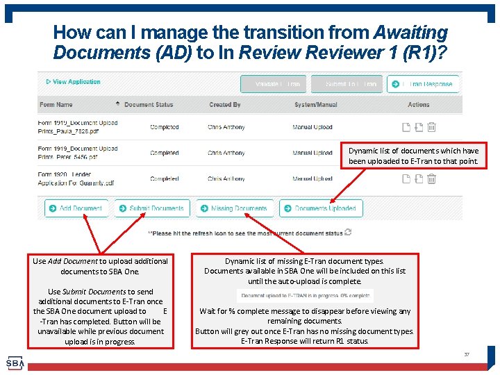 How can I manage the transition from Awaiting Documents (AD) to In Reviewer 1